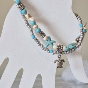 NWT White, Turquoise and Silver Beaded Turtle Charm Bracelet